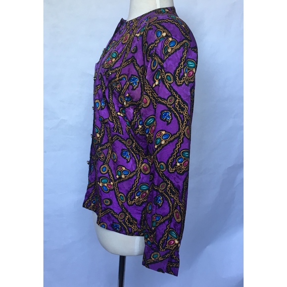 Vintage 80s Purple Silk Christmas Theme Blouse 8 - Picture 2 of 6